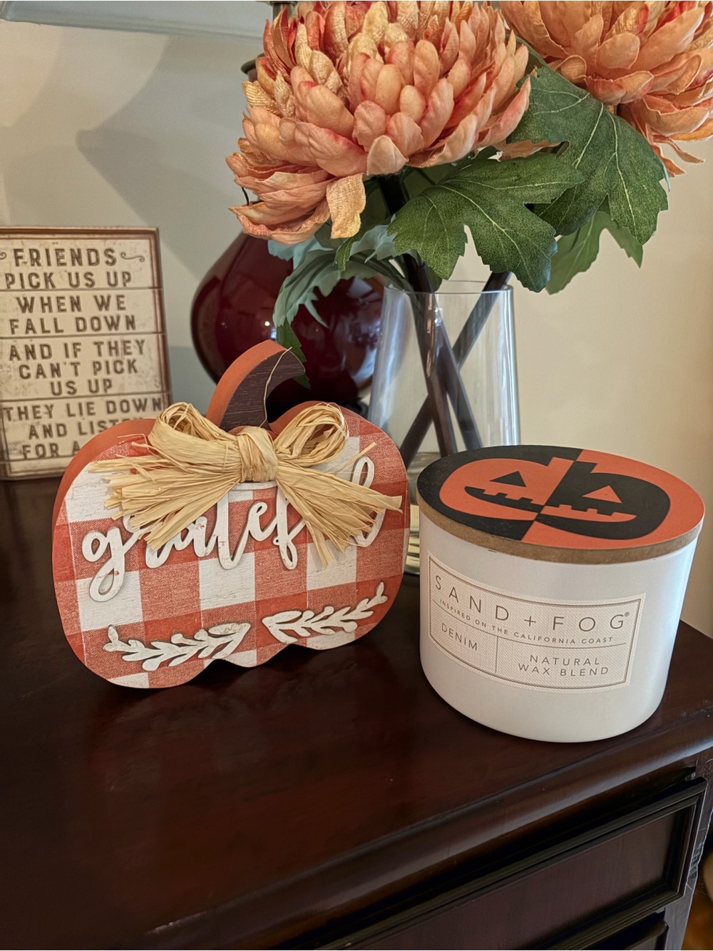 NWT Sand + Fog Denim scent candle and wooden “Grateful” pumpkin decor